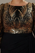 Curveins Plus Size Sequin-Panel Long Sleeve Waist-Defined Maxi Dress