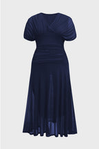 Curveins Plus Size V Neck Batwing Sleeve Cinched Waist Maxi Dress