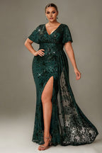 Curveins Plus Size V-Neck Batwing Sleeve Sequin Detail Maxi Dress with Side Train