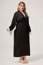 Curveins Plus Size Satin Chiffon Lace Trim Long Sleeve Elegant Robe Sleepwear
