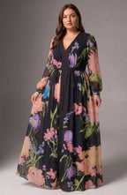 Curveins Plus Size V Neck Floral Long Sleeve Waist Tie Elegant Maxi Dress