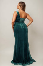 Curveins Plus Size One Shoulder Sequin Velvet Patchwork High Slit Maxi Dress