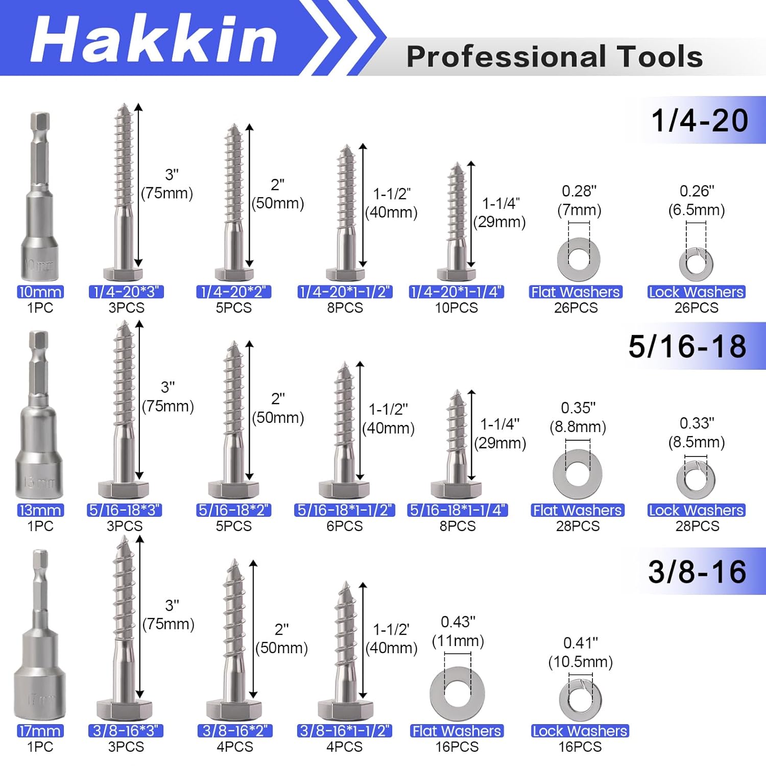 Hakkin 1/4" 5/16" 3/8" Hex Head Lag Bolts with Washers, 202PCS Hex Lag Screws Assortment Kit 304 Stainless Steel, Lag Bolts for Wood Length Include 1-1/4" 1-1/2" 2" 3", with Hex Socket
