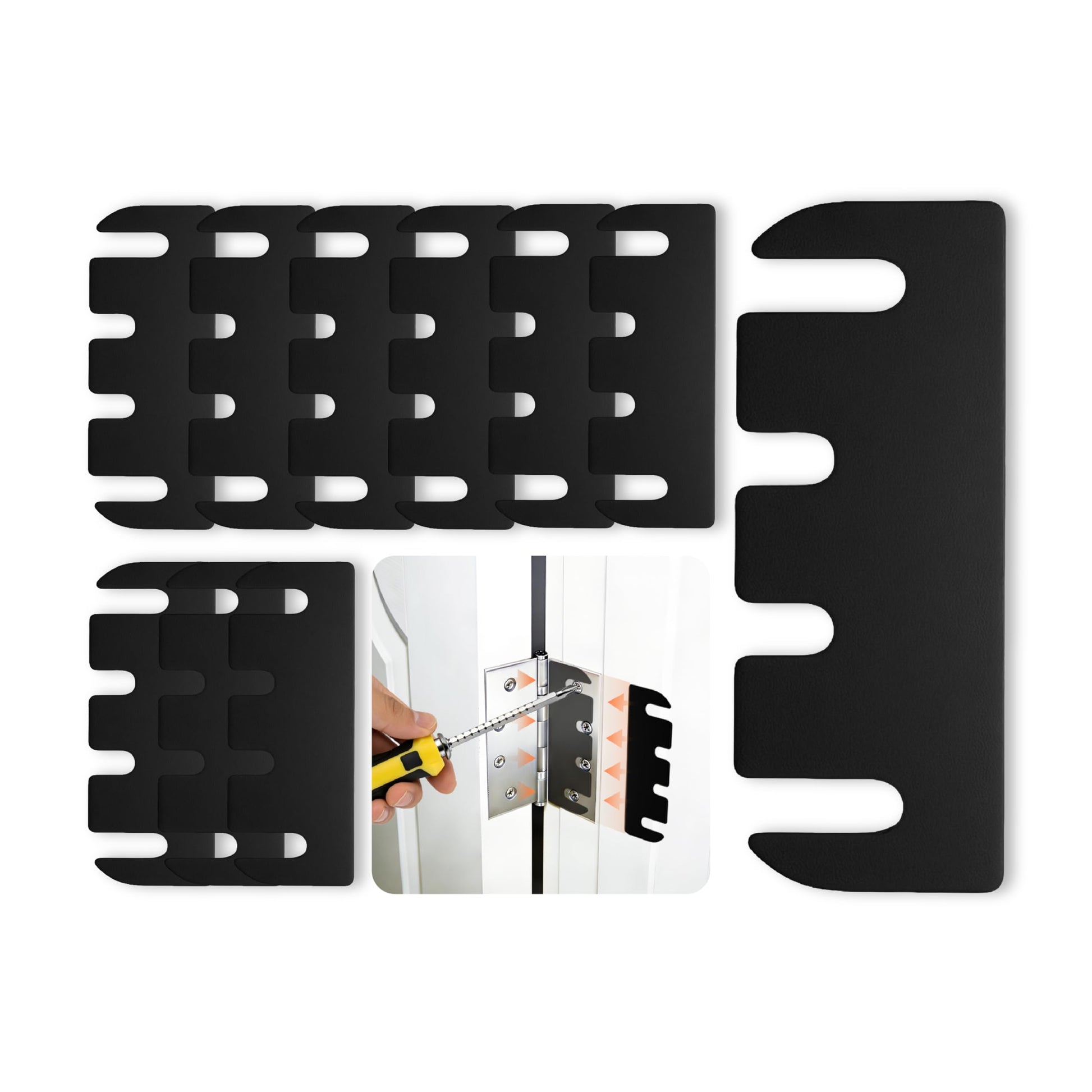 12pcs Door Hinge Shims 3.5 inch,Black Hinge Spacers,Thickness Adjustable Spacer for Doors, Adjusting The Spacing to Align,Can Be Trimmed (12, L3.5in/T0.03in)