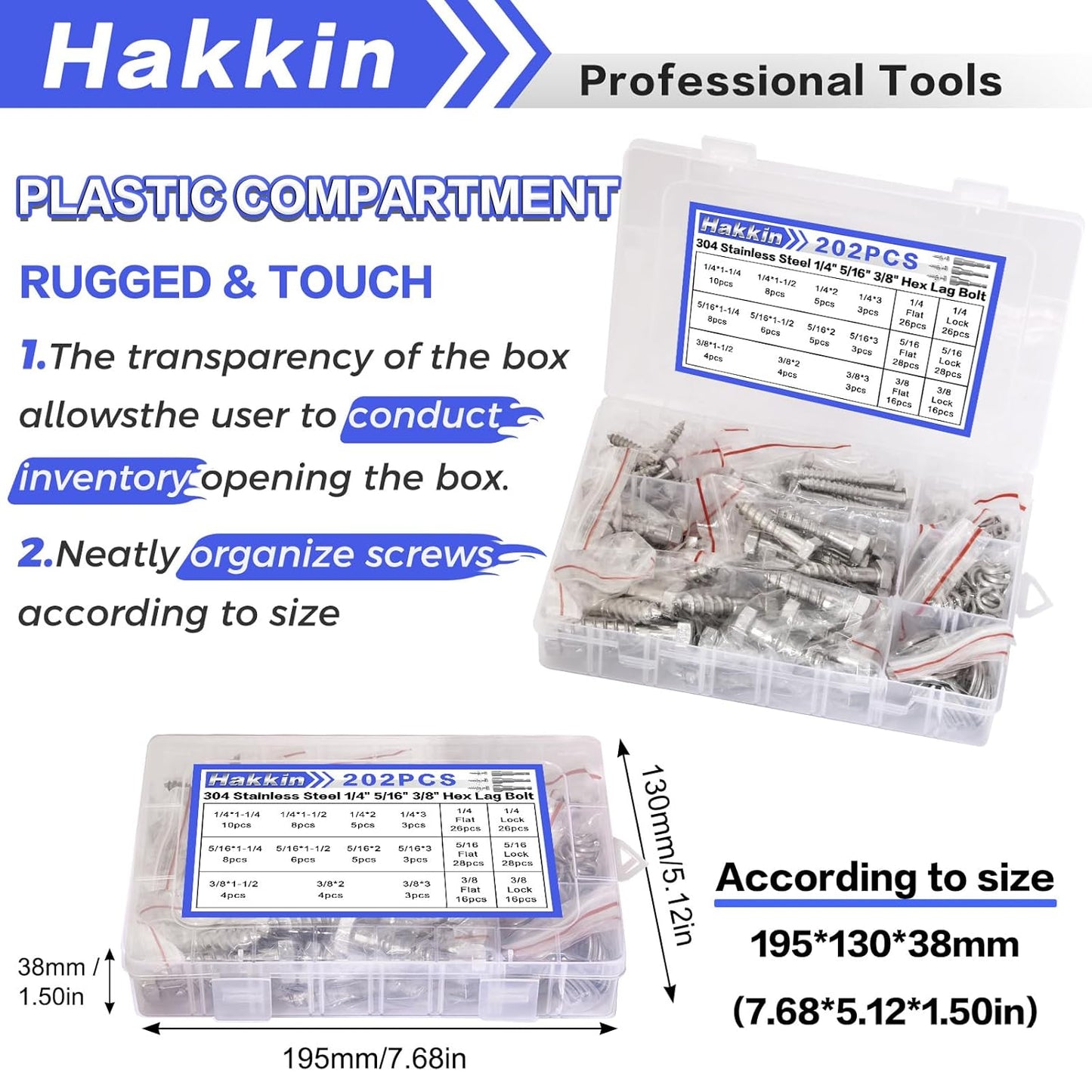 Hakkin 1/4" 5/16" 3/8" Hex Head Lag Bolts with Washers, 202PCS Hex Lag Screws Assortment Kit 304 Stainless Steel, Lag Bolts for Wood Length Include 1-1/4" 1-1/2" 2" 3", with Hex Socket