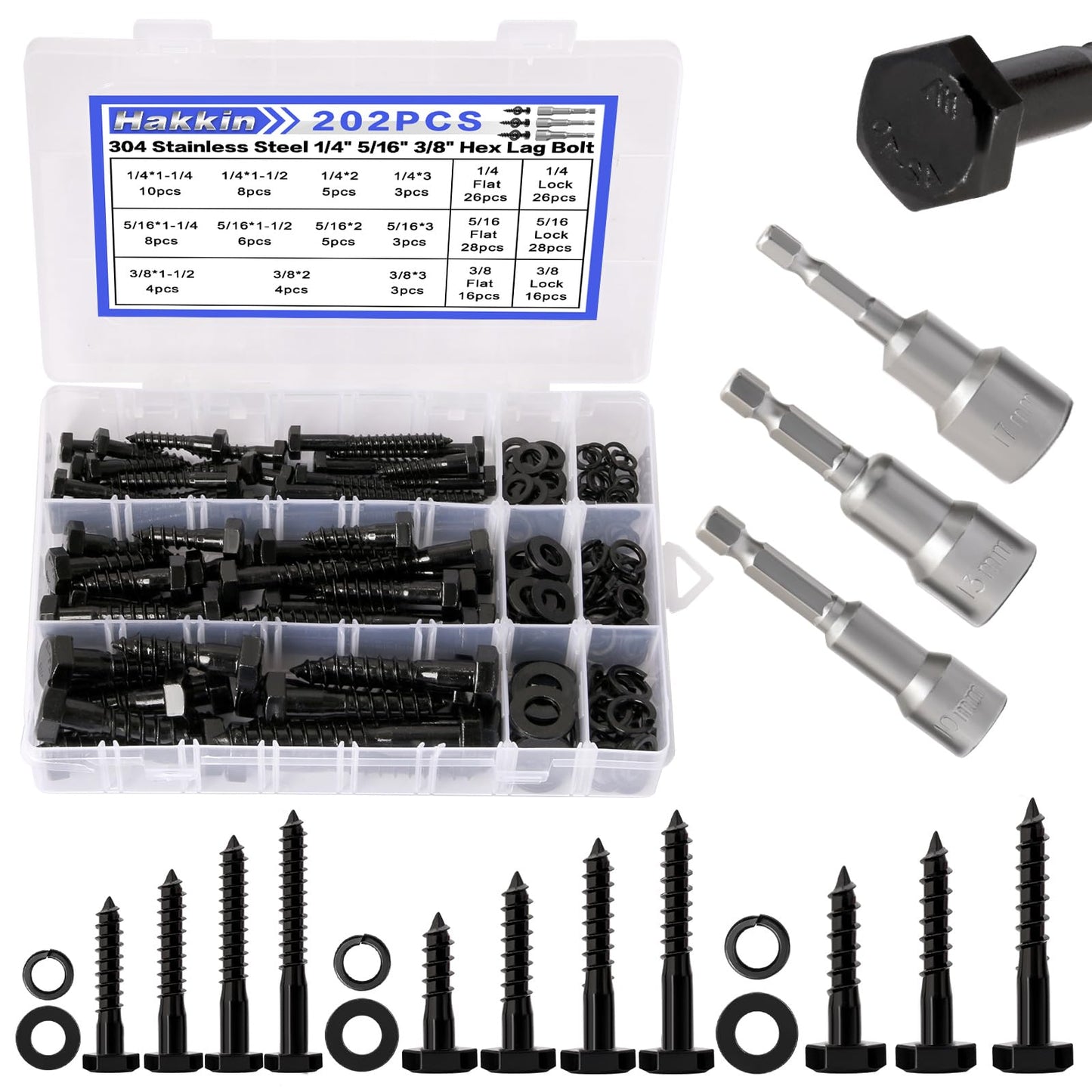 Hakkin 1/4" 5/16" 3/8" Hex Head Lag Bolts with Washers, 202PCS Hex Lag Screws Assortment Kit 304 Stainless Steel, Lag Bolts for Wood Length Include 1-1/4" 1-1/2" 2" 3", with Hex Socket
