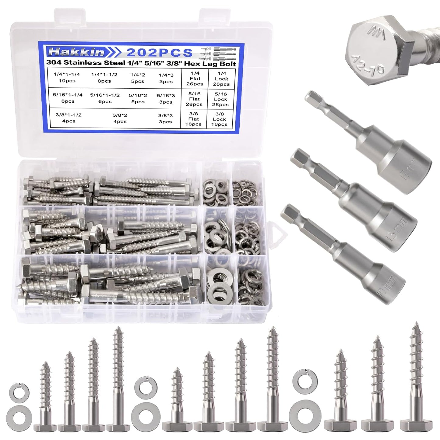 Hakkin 1/4" 5/16" 3/8" Hex Head Lag Bolts with Washers, 202PCS Hex Lag Screws Assortment Kit 304 Stainless Steel, Lag Bolts for Wood Length Include 1-1/4" 1-1/2" 2" 3", with Hex Socket