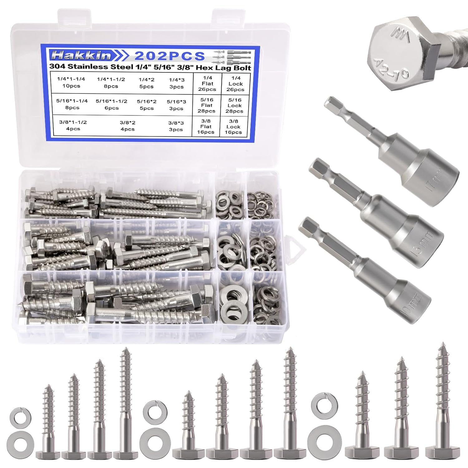 Hakkin 1/4" 5/16" 3/8" Hex Head Lag Bolts with Washers, 202PCS Hex Lag Screws Assortment Kit 304 Stainless Steel, Lag Bolts for Wood Length Include 1-1/4" 1-1/2" 2" 3", with Hex Socket