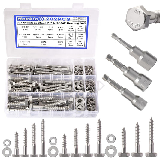 Hakkin 1/4" 5/16" 3/8" Hex Head Lag Bolts with Washers, 202PCS Hex Lag Screws Assortment Kit 304 Stainless Steel, Lag Bolts for Wood Length Include 1-1/4" 1-1/2" 2" 3", with Hex Socket
