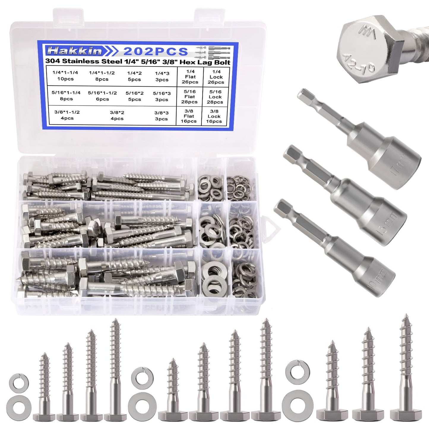 Hakkin 1/4" 5/16" 3/8" Hex Head Lag Bolts with Washers, 202PCS Hex Lag Screws Assortment Kit 304 Stainless Steel, Lag Bolts for Wood Length Include 1-1/4" 1-1/2" 2" 3", with Hex Socket