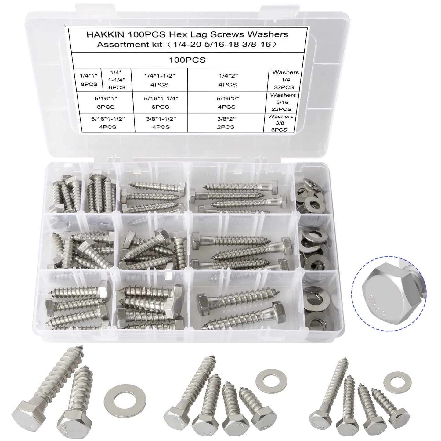 Hakkin 1/4" 5/16" 3/8" Hex Head Lag Bolts with Washers, 202PCS Hex Lag Screws Assortment Kit 304 Stainless Steel, Lag Bolts for Wood Length Include 1-1/4" 1-1/2" 2" 3", with Hex Socket