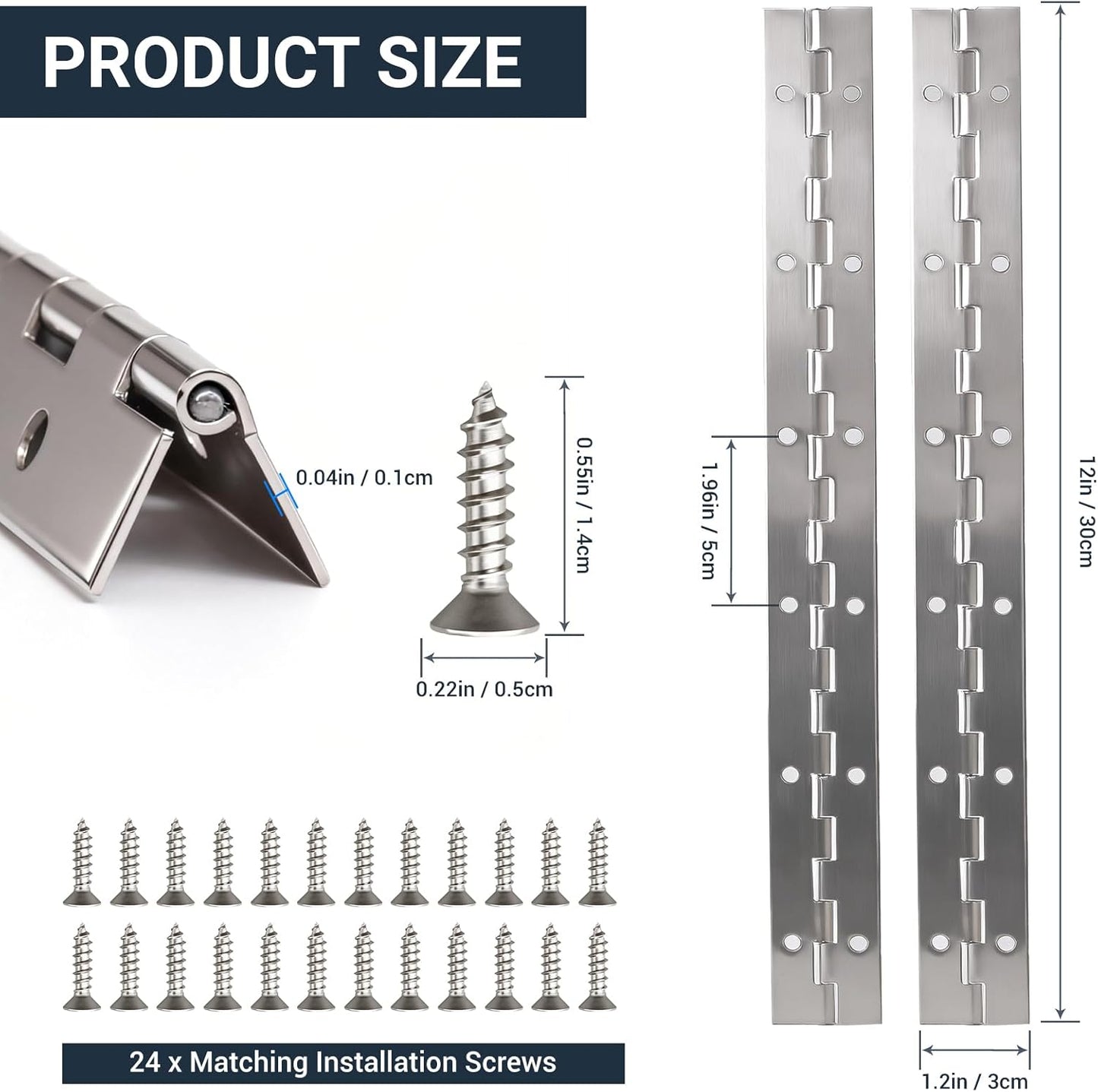 2Pcs Piano Hinge, 12 Inch Stainless Steel Hinges with Holes and Stainless Steel Screws, Piano Heavy Duty Hinges, Suitable for Cabinets, DIY Storage Boxes, and Marine Scenarios