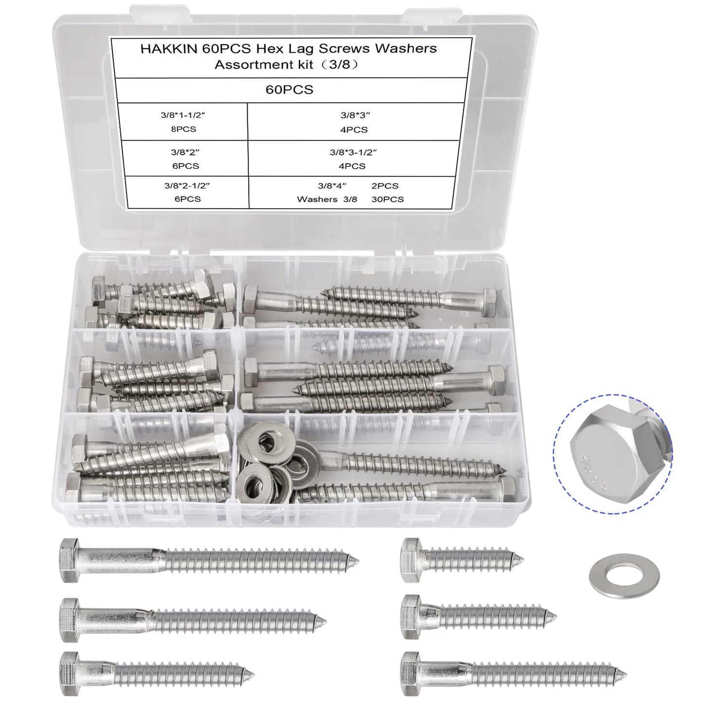 Hakkin 1/4" 5/16" 3/8" Hex Head Lag Bolts with Washers, 202PCS Hex Lag Screws Assortment Kit 304 Stainless Steel, Lag Bolts for Wood Length Include 1-1/4" 1-1/2" 2" 3", with Hex Socket