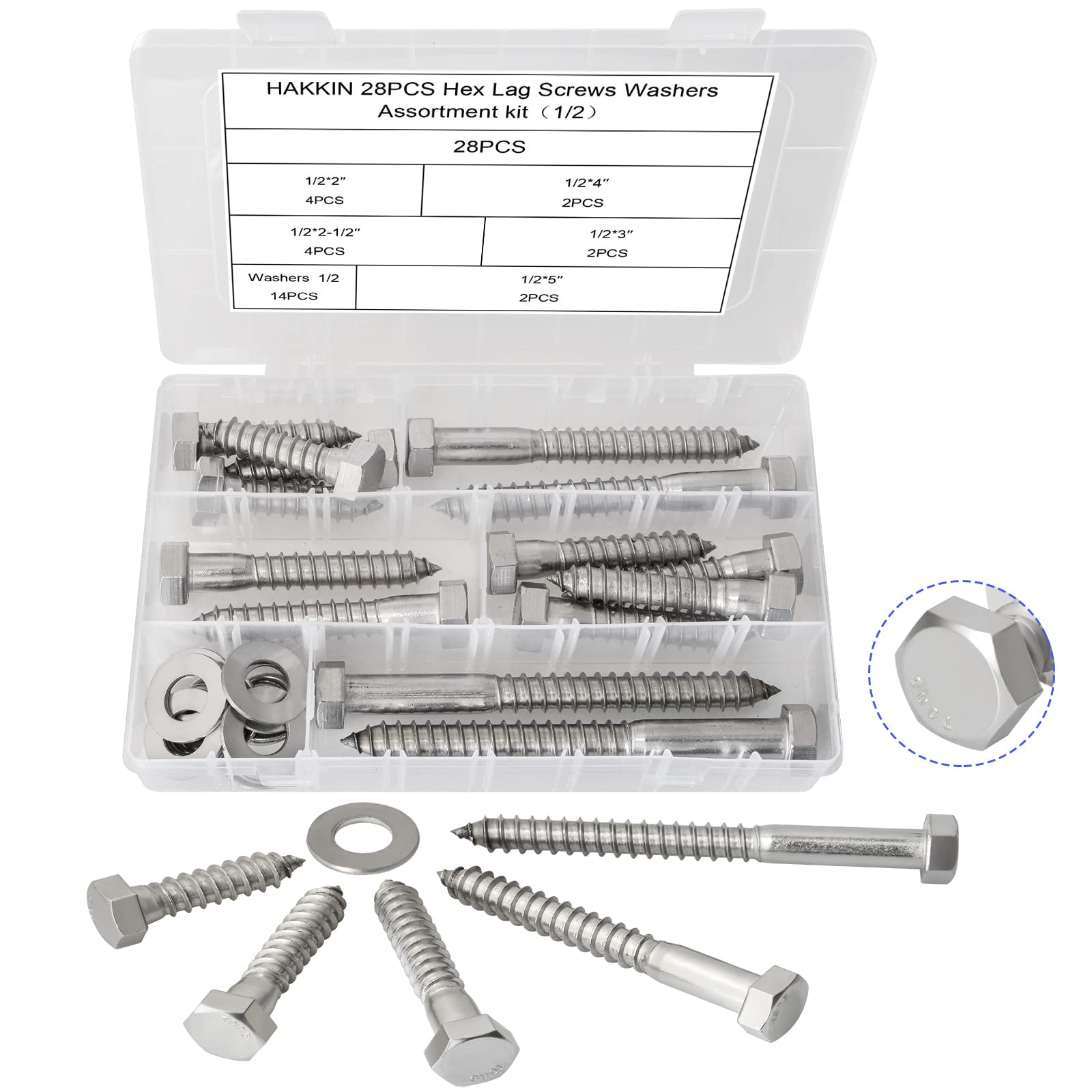 Hakkin 1/4" 5/16" 3/8" Hex Head Lag Bolts with Washers, 202PCS Hex Lag Screws Assortment Kit 304 Stainless Steel, Lag Bolts for Wood Length Include 1-1/4" 1-1/2" 2" 3", with Hex Socket