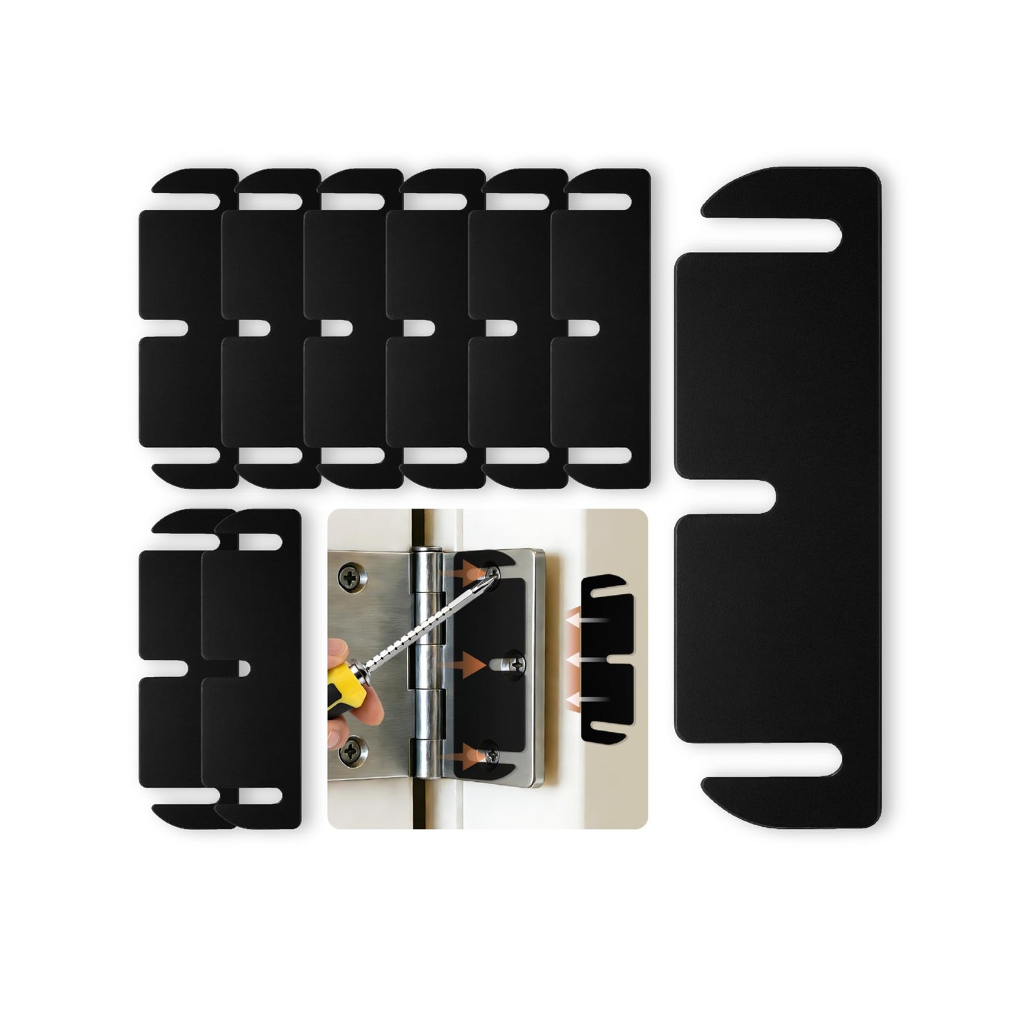 12pcs Door Hinge Shims 3.5 inch,Black Hinge Spacers,Thickness Adjustable Spacer for Doors, Adjusting The Spacing to Align,Can Be Trimmed (12, L3.5in/T0.03in)