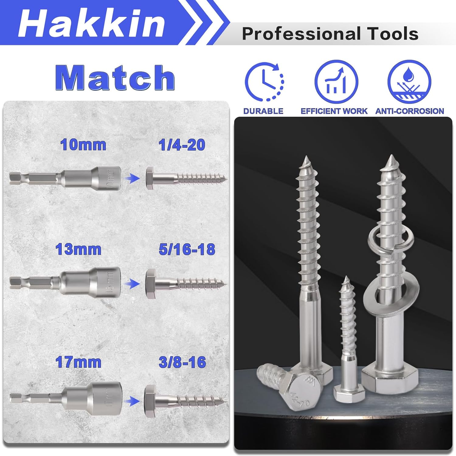 Hakkin 1/4" 5/16" 3/8" Hex Head Lag Bolts with Washers, 202PCS Hex Lag Screws Assortment Kit 304 Stainless Steel, Lag Bolts for Wood Length Include 1-1/4" 1-1/2" 2" 3", with Hex Socket