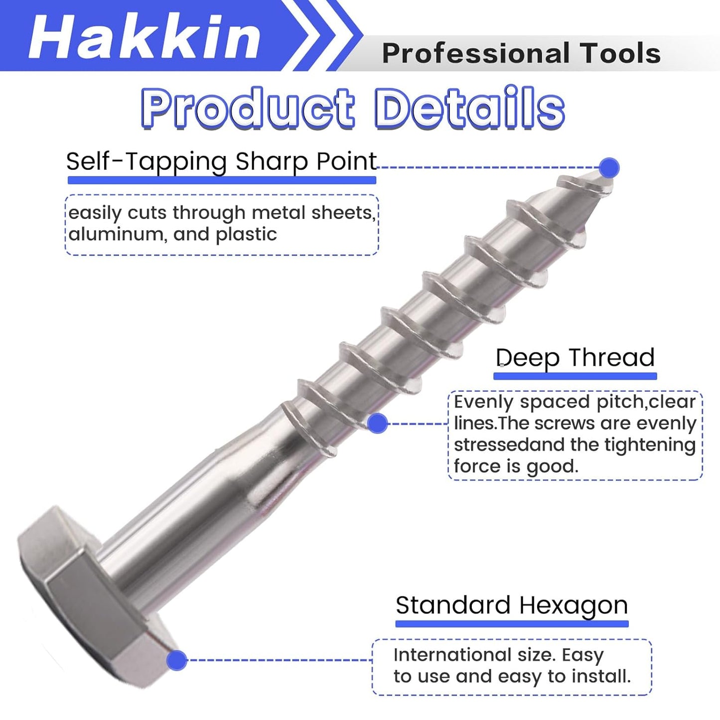 Hakkin 1/4" 5/16" 3/8" Hex Head Lag Bolts with Washers, 202PCS Hex Lag Screws Assortment Kit 304 Stainless Steel, Lag Bolts for Wood Length Include 1-1/4" 1-1/2" 2" 3", with Hex Socket