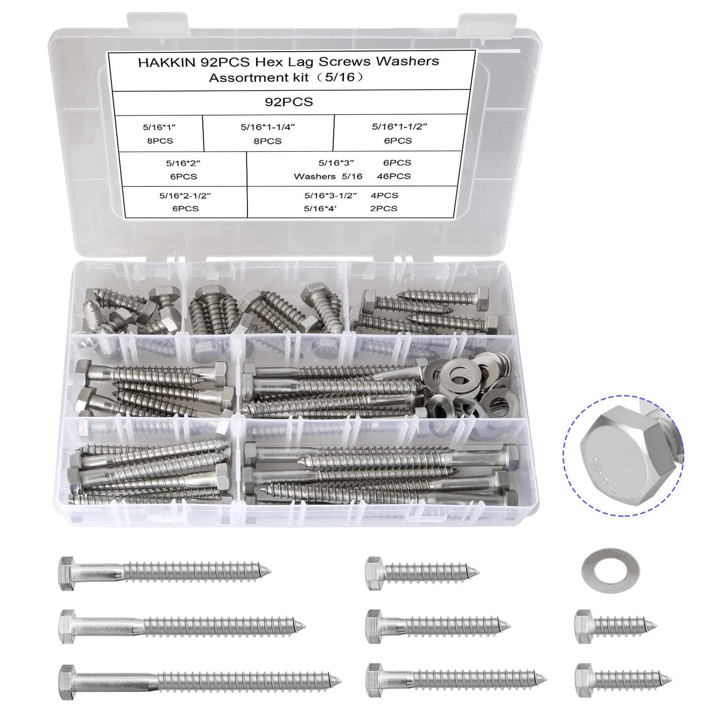 Hakkin 1/4" 5/16" 3/8" Hex Head Lag Bolts with Washers, 202PCS Hex Lag Screws Assortment Kit 304 Stainless Steel, Lag Bolts for Wood Length Include 1-1/4" 1-1/2" 2" 3", with Hex Socket