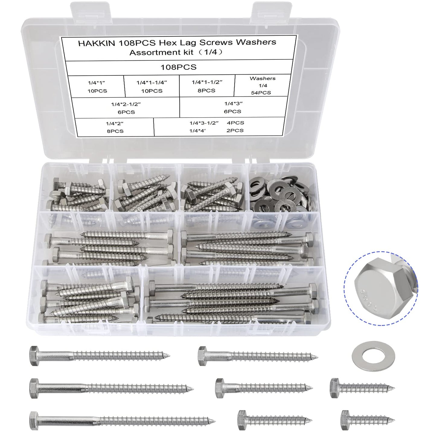 Hakkin 1/4" 5/16" 3/8" Hex Head Lag Bolts with Washers, 202PCS Hex Lag Screws Assortment Kit 304 Stainless Steel, Lag Bolts for Wood Length Include 1-1/4" 1-1/2" 2" 3", with Hex Socket
