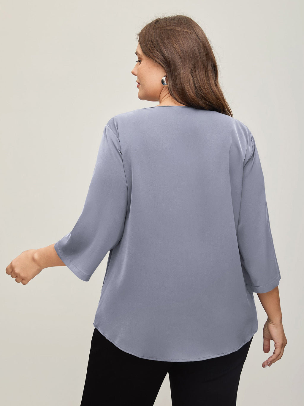 V Neck Plain Pleated Tab Sleeve Blouse