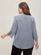 V Neck Plain Pleated Tab Sleeve Blouse