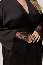 Curveins Plus Size Lace Trim Satin Chiffon Long Sleeve Soft Sleepwear Robe