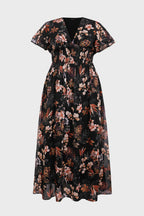 Curveins Plus Size V Neck Batwing Sleeve Floral Print Flowing Maxi Dress