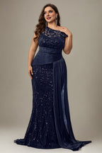 Curveins Plus Size One Shoulder Sleeveless Embroidered Sequin Patchwork Bodycon Maxi Dress