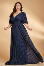 Curveins Plus Size Lantern Sleeve Flowy V Neck Gathered Waist Chic Pleated Maxi Dress