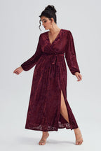 Curveins Plus Size Burgundy Velvet Wrap Maxi Dress