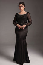 Curveins Plus Size Round Neck Long Sleeve Patchwork Ruched Waist Bodycon Maxi Dress