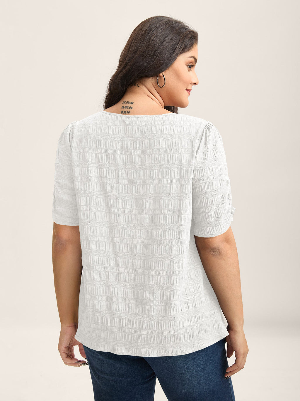 Textured Gathered Sleeve Split Neck Blouse
