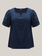 Textured Gathered Sleeve Split Neck Blouse