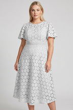 Curveins Plus Size Lace Hollow Detail Round Neck Short Sleeve Waist Defining Midi Dress
