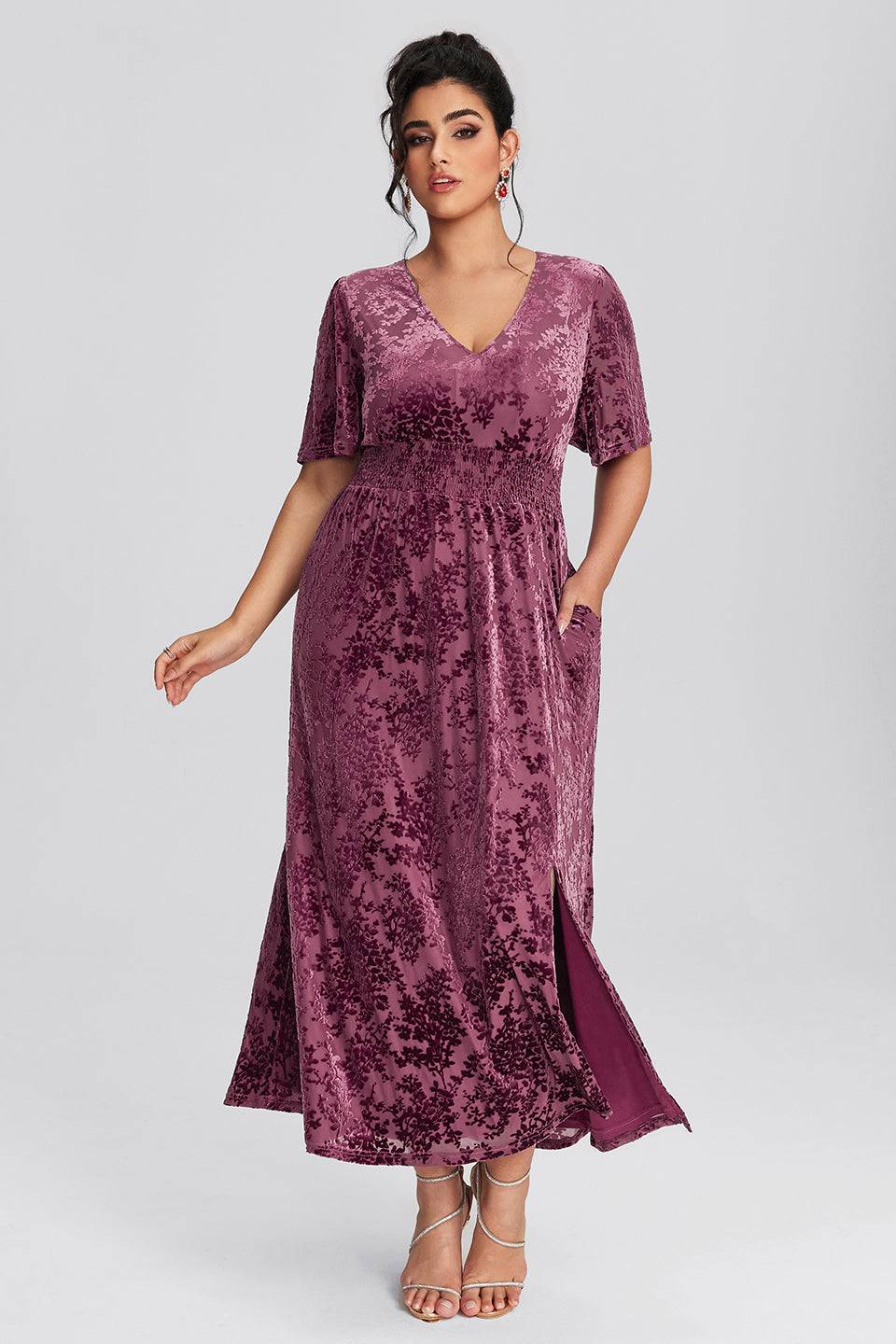Curveins Plus Size Mauve Velvet Floral Maxi Dress