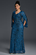 Curveins Plus Size V-Neck Long Sleeves Sequin Floral Bodycon Maxi Dress