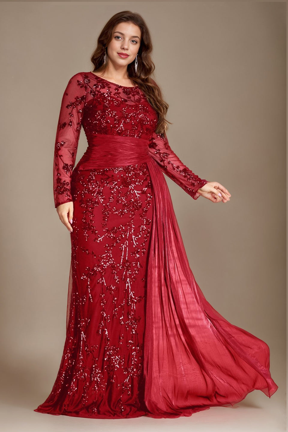 Curveins Plus Size Round Neck Embroidered Tie-Sash Bodycon Maxi Dress