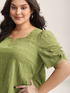 Textured Gathered Sleeve Split Neck Blouse