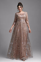Curveins Plus Size Elegant Round Neck Sequin Floral Waist-Fit Maxi Dress