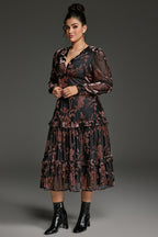 Curveins Plus Size Velvet V-Neck Lantern Sleeve Tiered Midi Dress