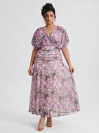 Curveins Plus Size V Neck Puff Sleeve Waist Defining Floral Print Elegant Maxi Dress