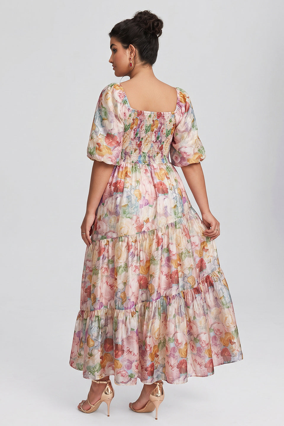 Curveins Plus Size V-Neck Flower Print Pleated Maxi Dress