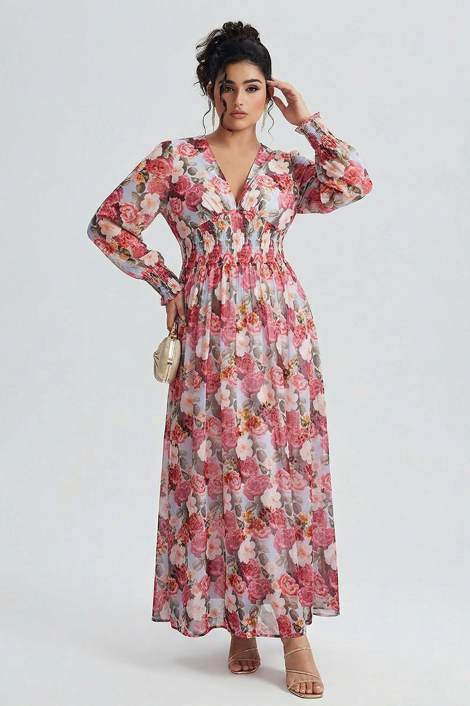 Curveins Plus Size V Neck Long Sleeve Floral Waist Maxi Dress