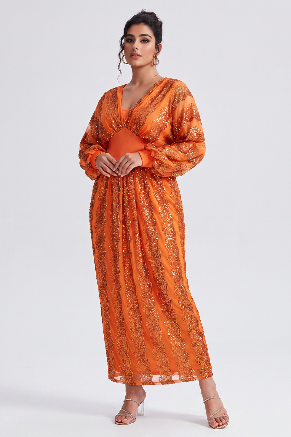 Curveins Plus Size V-Neck Sequin Balloon Sleeve Back-Slit Elegant Evening Maxi Dress