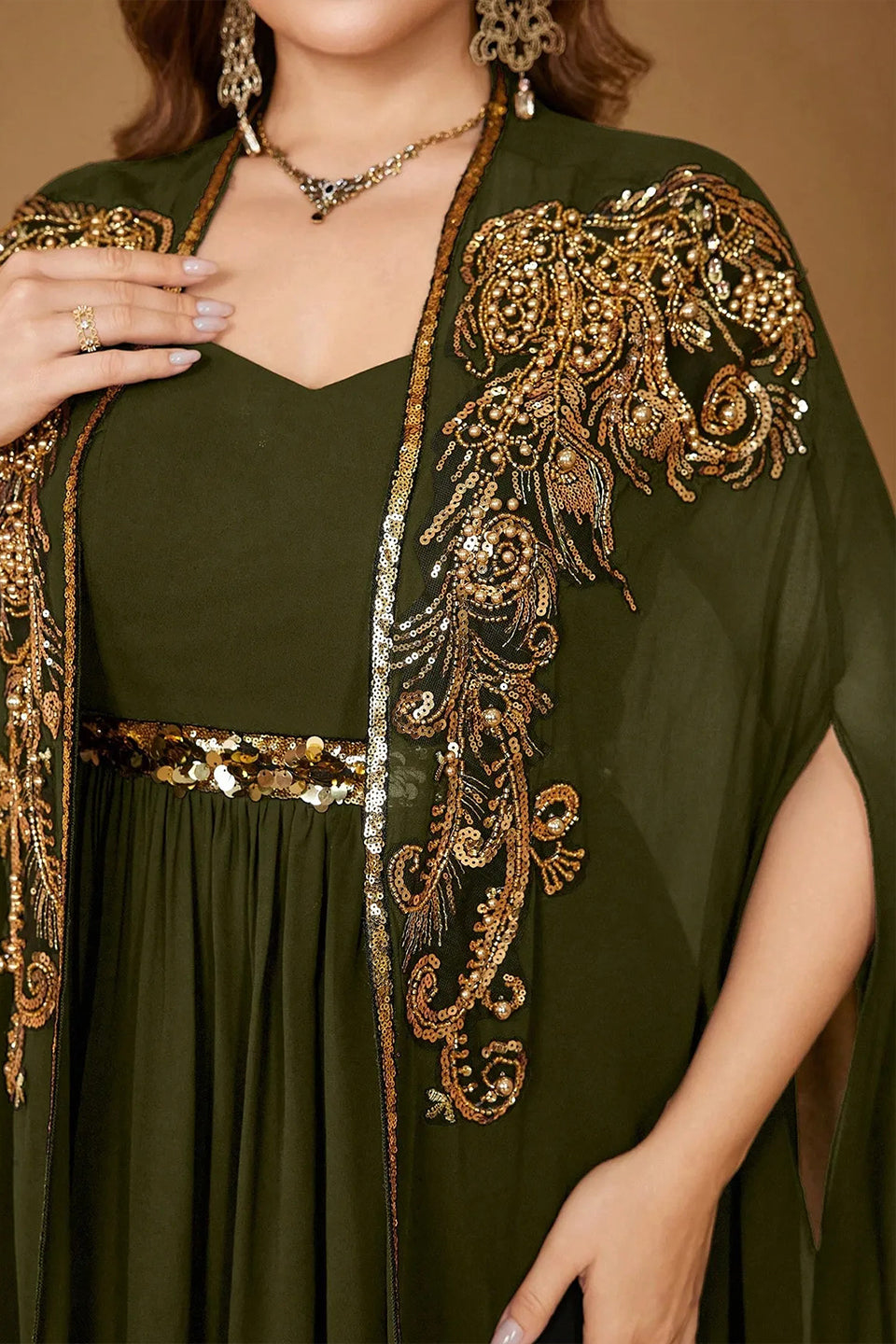 Curveins Plus Size V Neck Ruched Waist Maxi Dress with Cape Sleeve