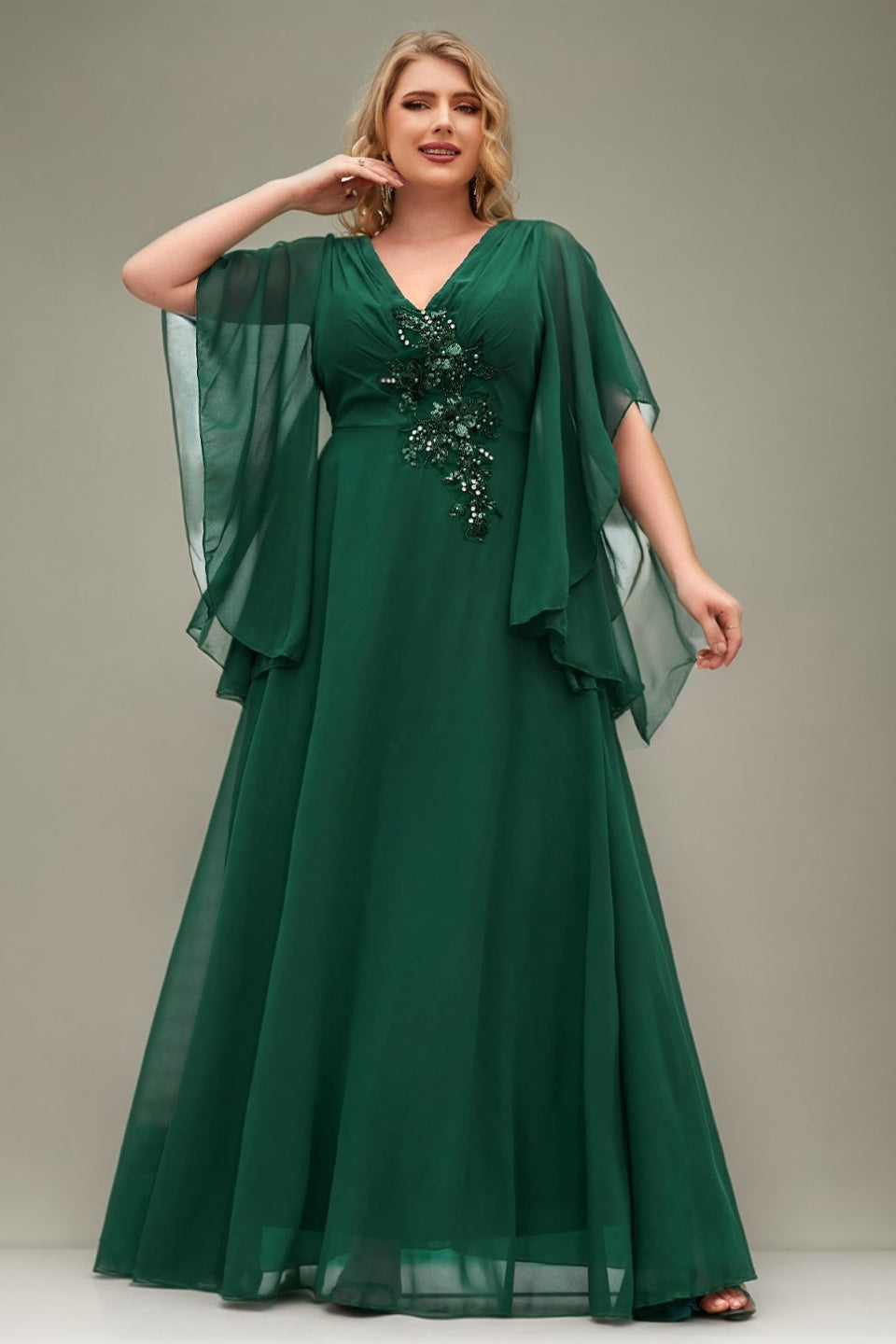 Curveins Plus Size V Neck Batwing Sleeve Chiffon Maxi Dress Elegant Flowing Fit