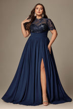 Curveins Plus Size Round Neck Embroidered Sequin-Detail Split Long Dress