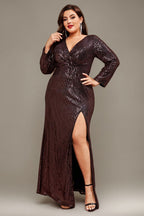 Curveins Plus Size V-Neck Long Sleeve Sequin Maxi Dress with Side Slit