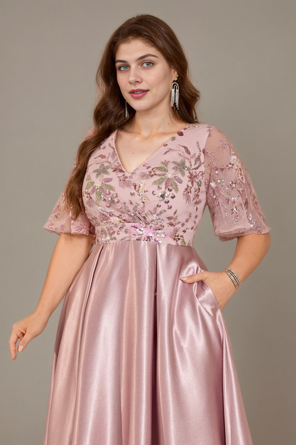 Curveins Plus Size V Neck Sequin Floral Patchwork Elegant Flowy Maxi Dress