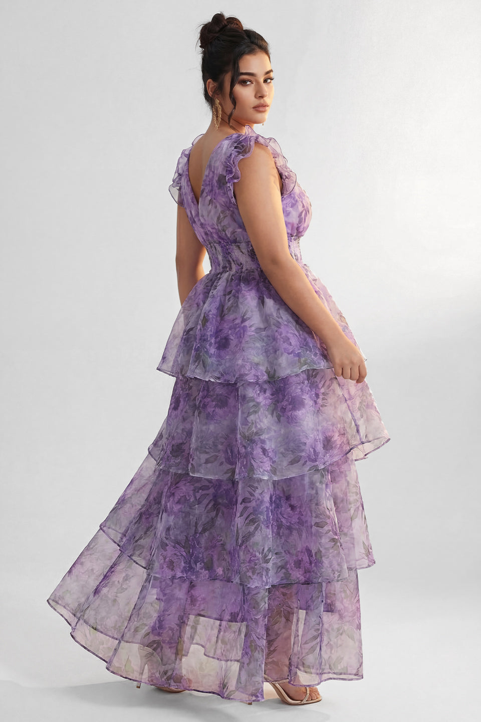 Curveins Plus Size V-Neck Sleeveless Floral Tiered Maxi Dress with Decorative Shoulder Detail